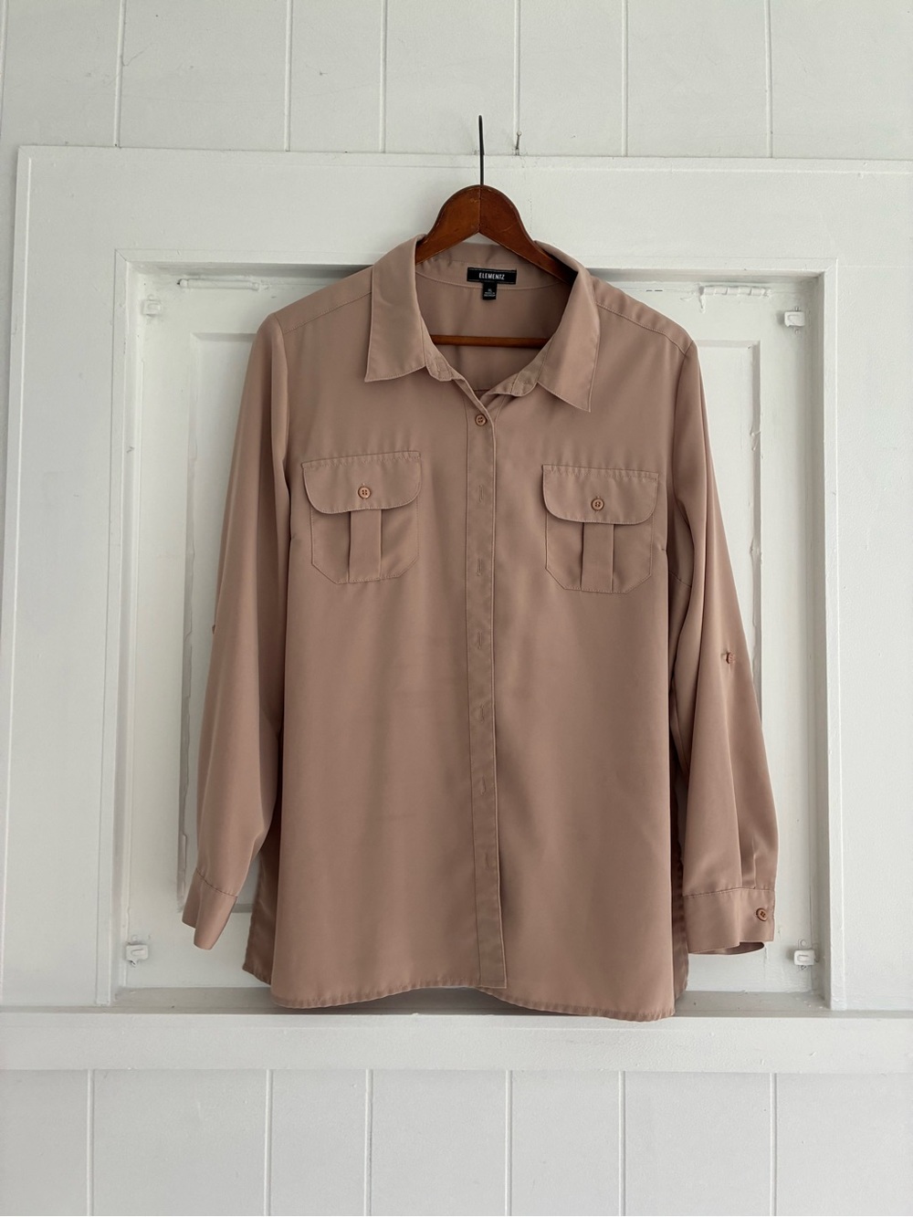 Elementz Women’s Long-Sleeve Button-Down Shirt in Tan